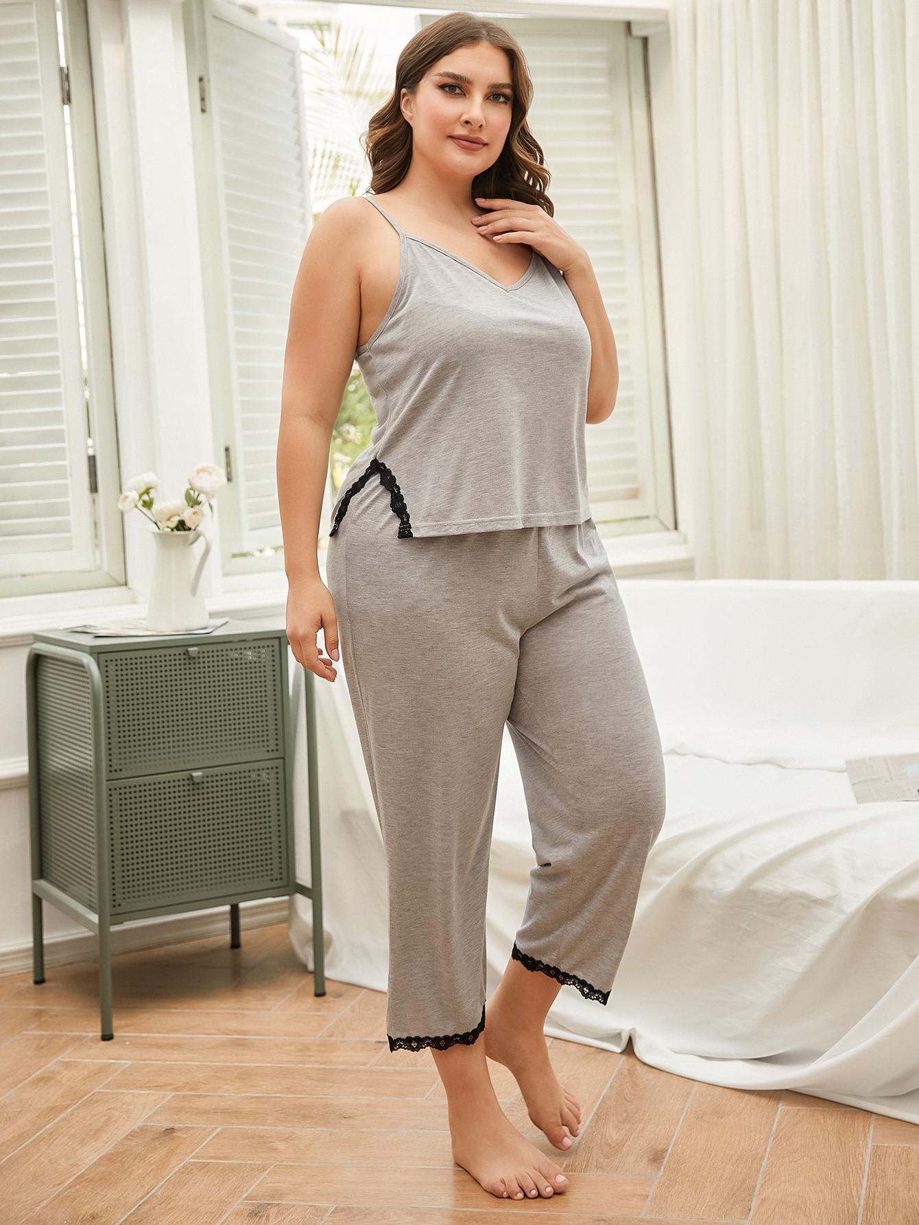 Plus Size Lace Trim Slit Cami and Pants Pajama Set  Trendsi   