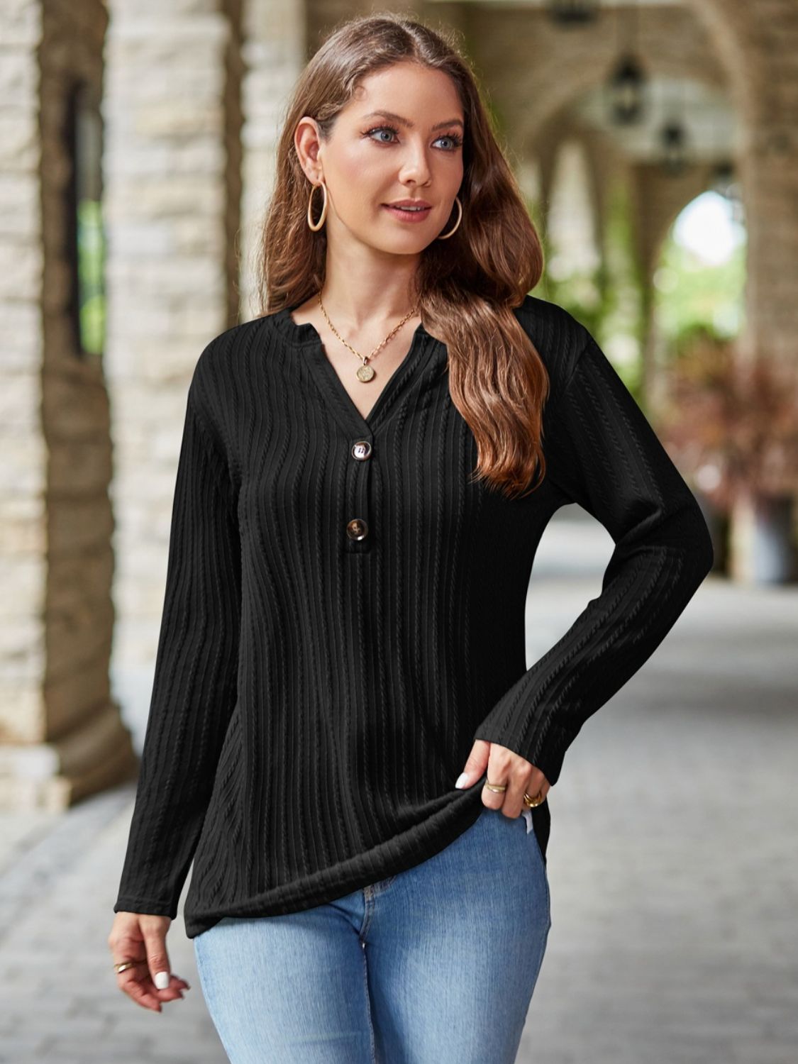 Mandy Notched Long Sleeve T-Shirt  Trendsi Black S 