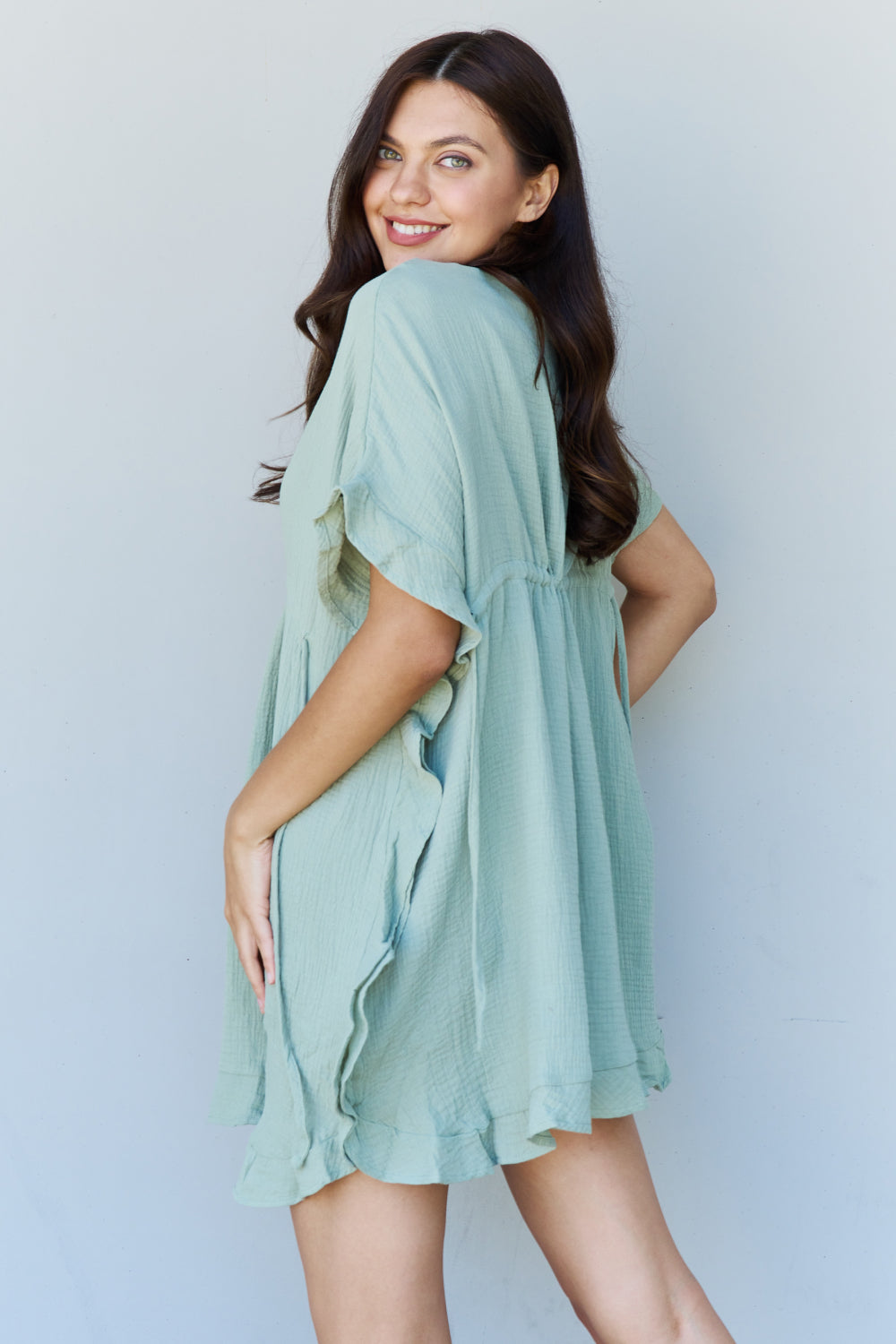 Ninexis Out Of Time Full Size Ruffle Hem Dress with Drawstring Waistband in Light Sage Sale Trendsi   