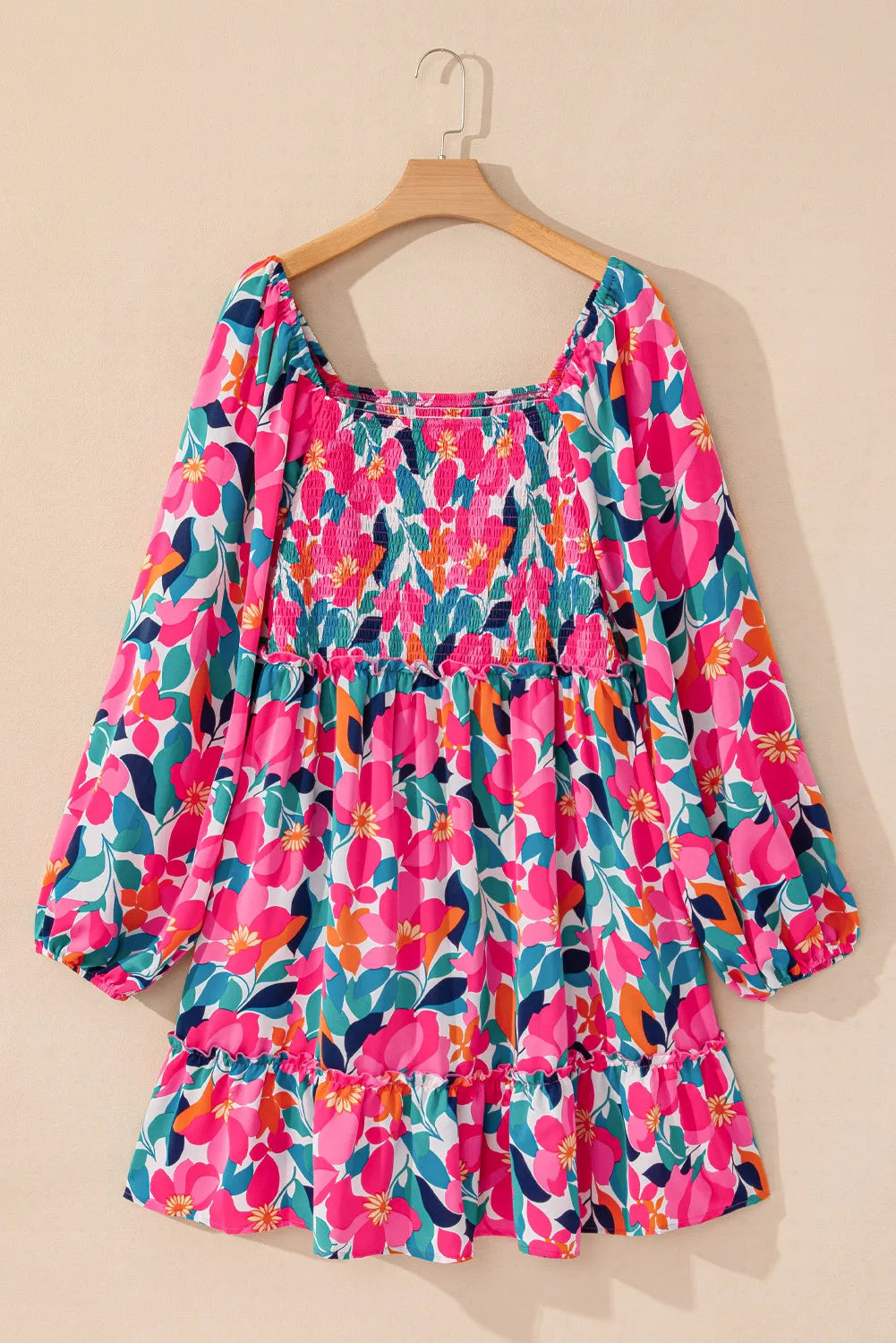 Plus Size Smocked Floral Square Neck Balloon Sleeve Dress  Trendsi   