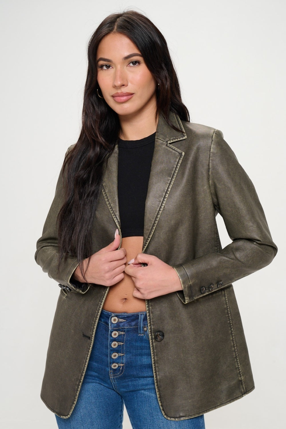 Coalition LA Single-Breasted Vegan Leather Blazer  Trendsi   