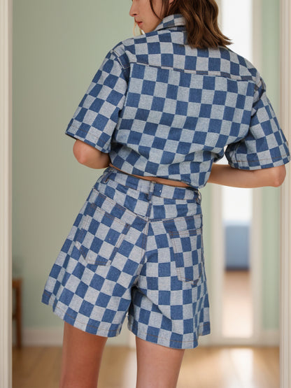 Checkered Button Up Half Sleeve Top and Shorts Set  Trendsi   