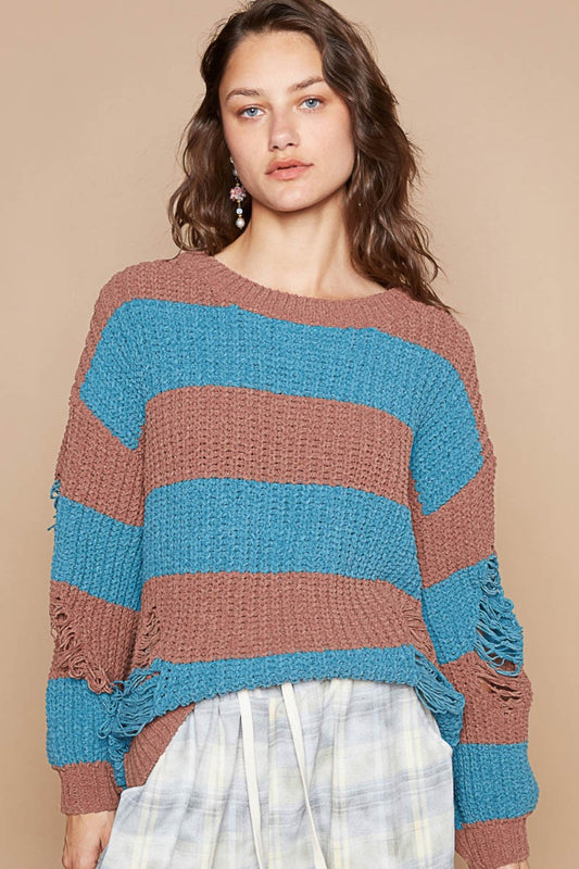 POL Striped Distressed Long Sleeve Sweater  Trendsi Choco/Teal S 