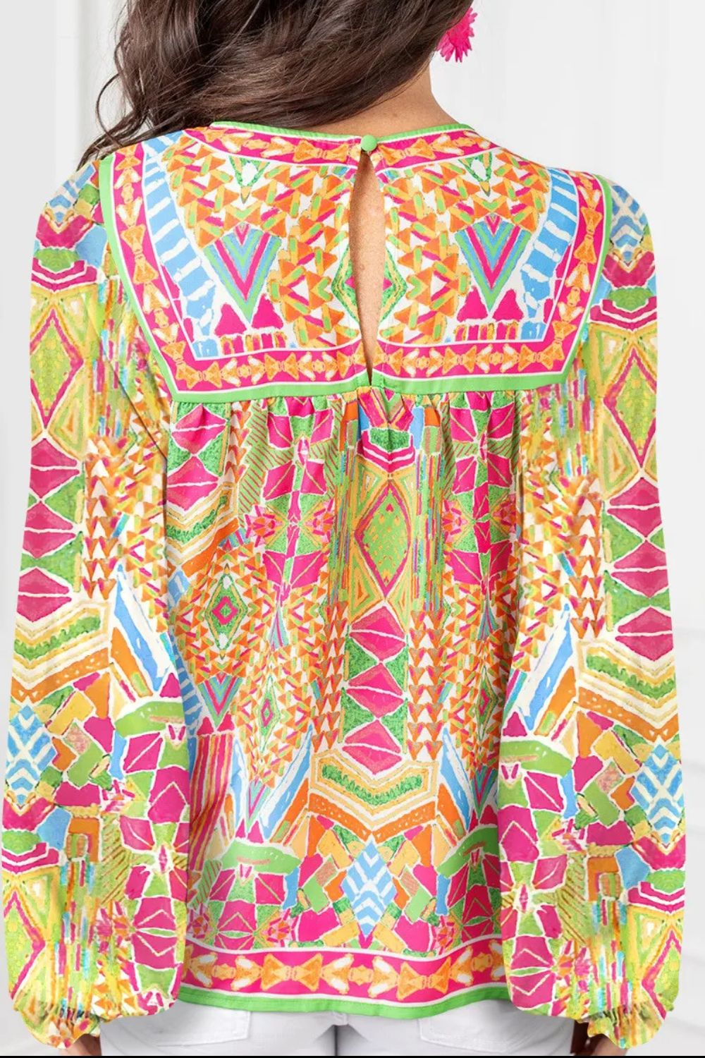 Geometric Printed Round Neck Long Sleeve Blouse Blouse Trendsi   