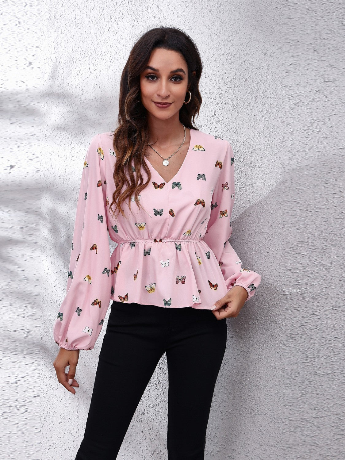 Butterfly V-Neck Balloon Sleeve Peplum Blouse Blouse Trendsi Blush Pink S 