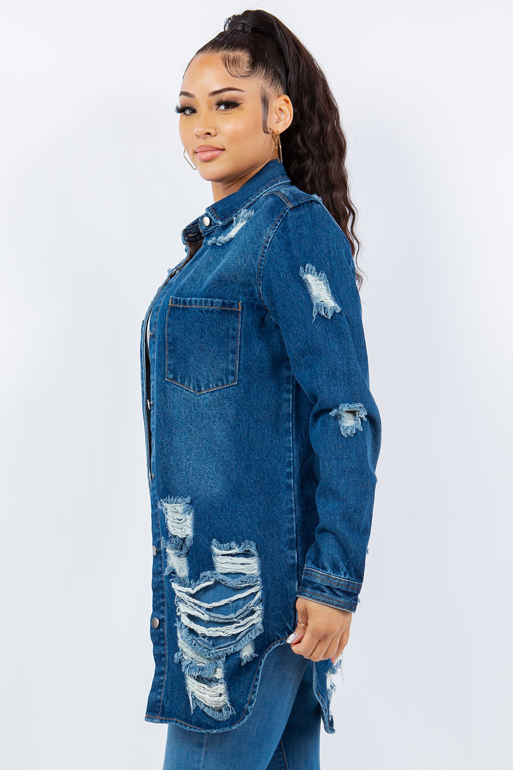 American Bazi Distressed Button Up Long Sleeve Denim Jacket  Trendsi   