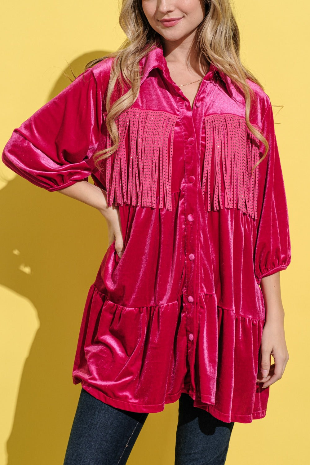 And The Why Fringe Detailed Velvet Shirt Dress Luxe Trendsi   