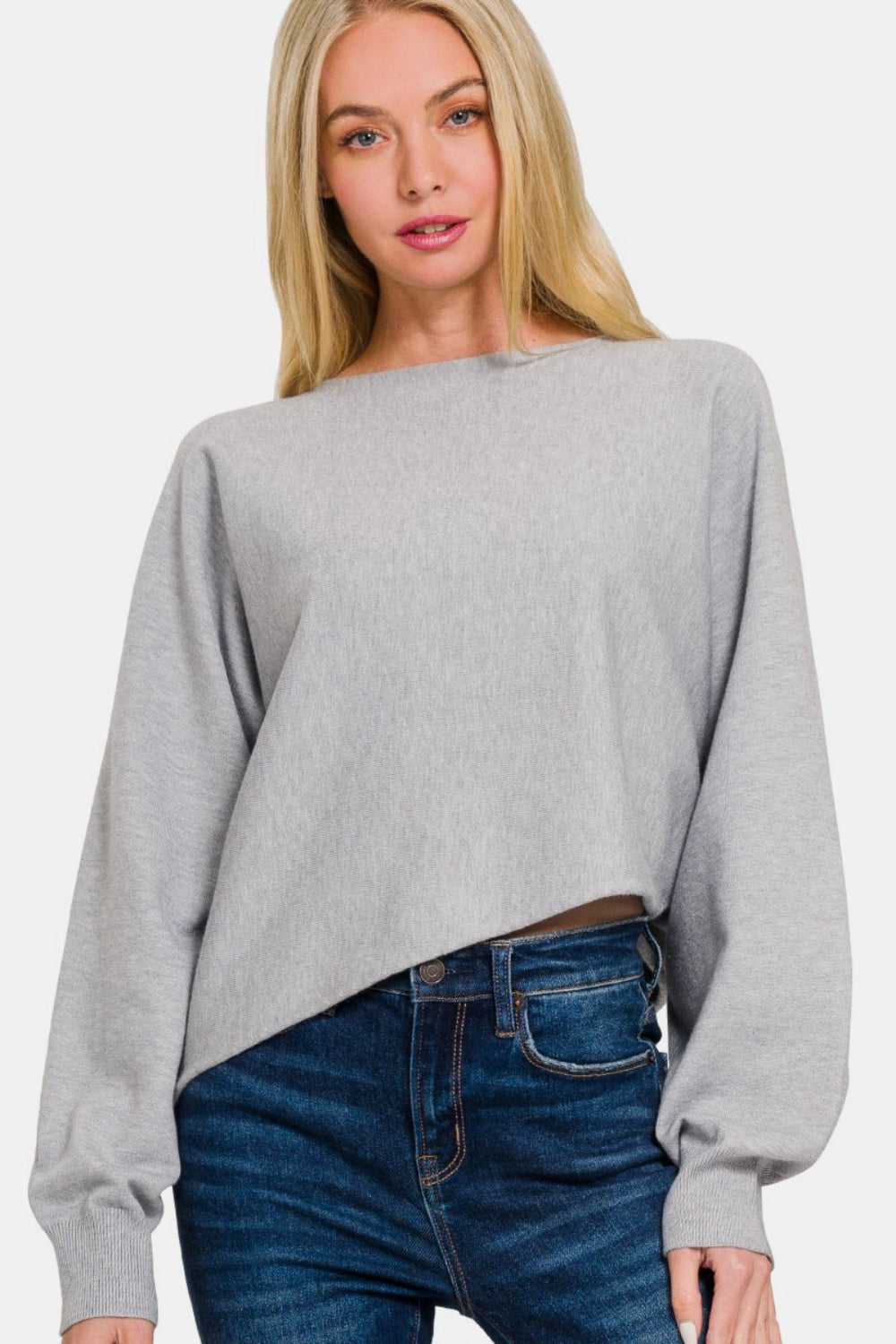 Zenana Asymmetric Hem Long Sleeve Sweater  Trendsi H Grey S 