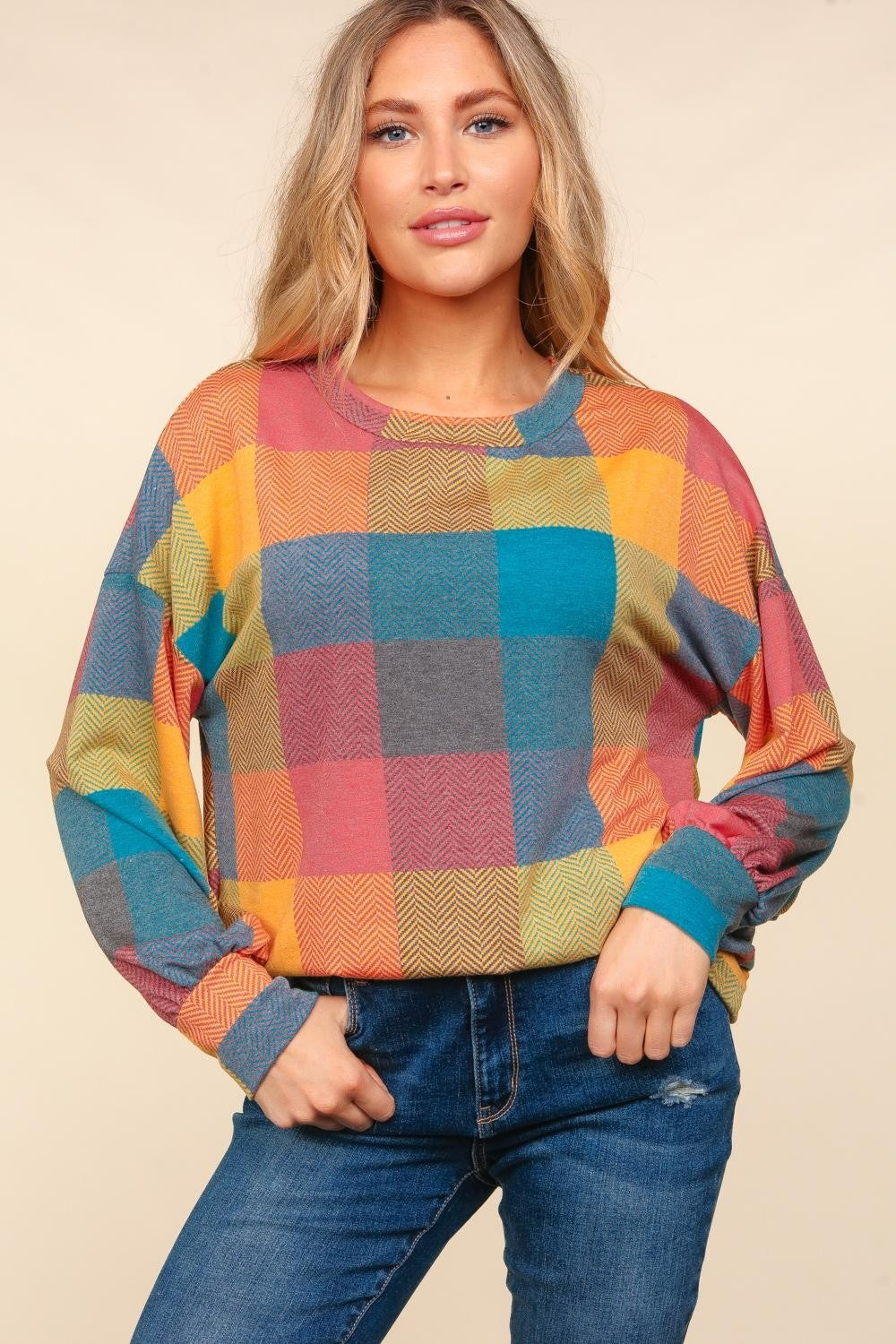 Haptics Round Neck Color Block Plaid Top  Trendsi   