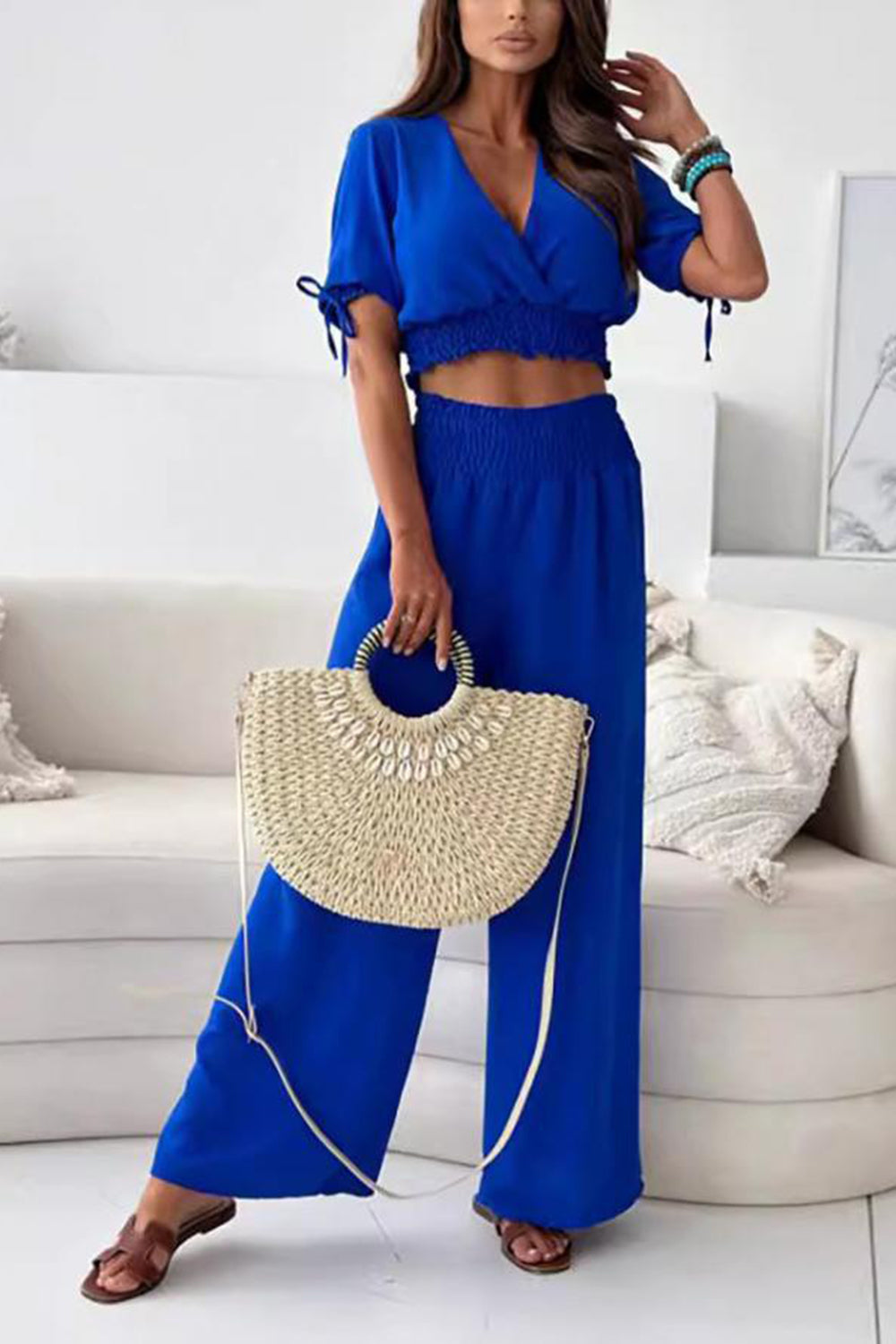 Surplice Short Sleeve Top and Pants Set  Trendsi Royal Blue S 