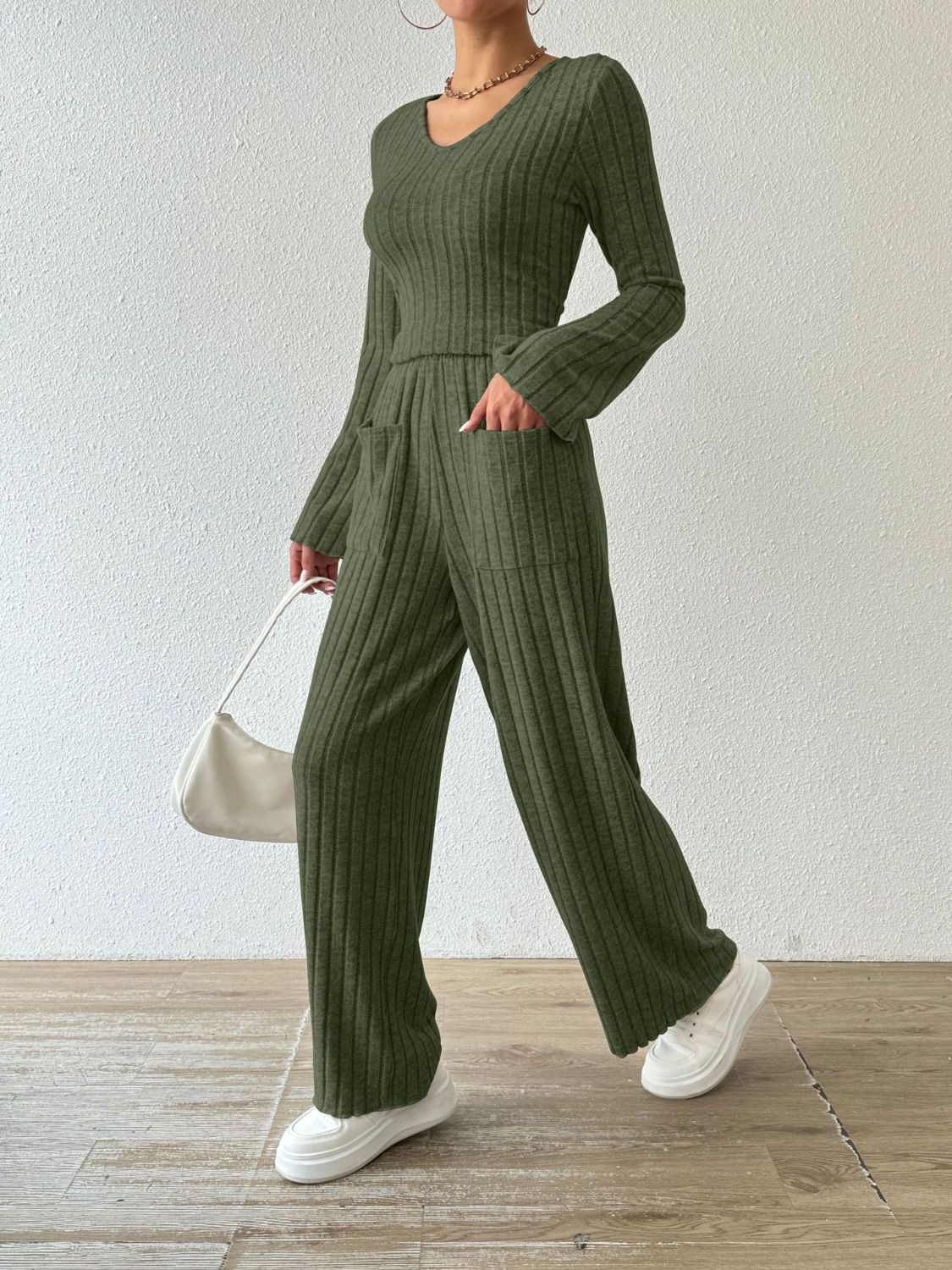 Ribbed V-Neck Long Sleeve Top and Pocketed Pants Set  Trendsi Moss S 