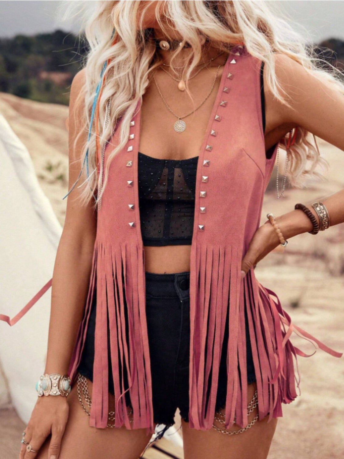 Fringe Studded Open Front Vest Coat