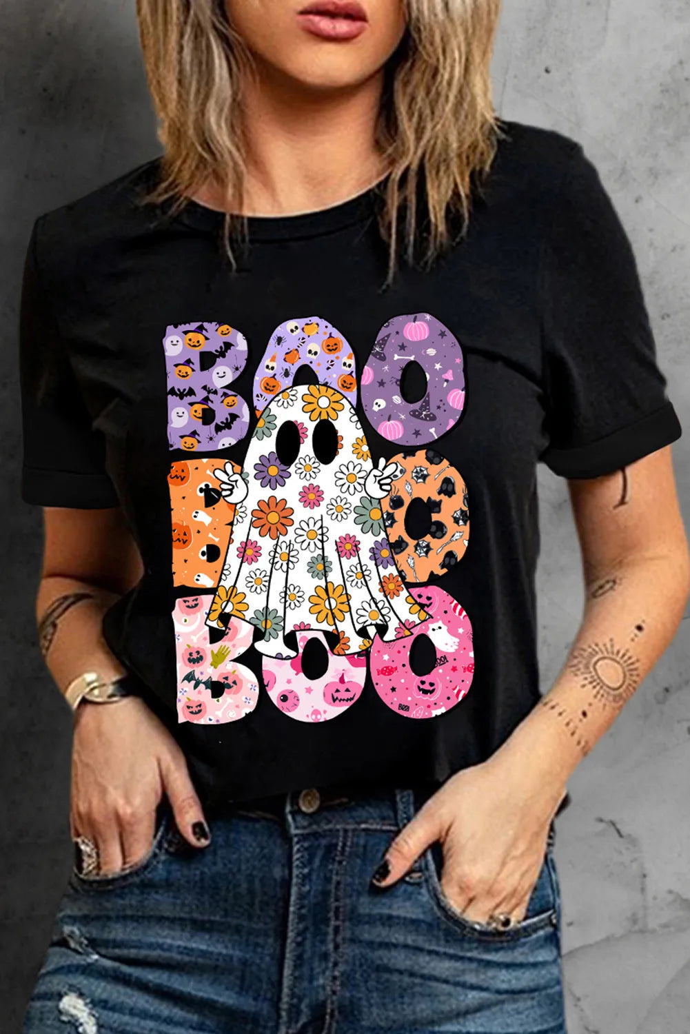 BOO Ghost Graphic Round Neck Short Sleeve T-Shirt T-Shirt Trendsi   