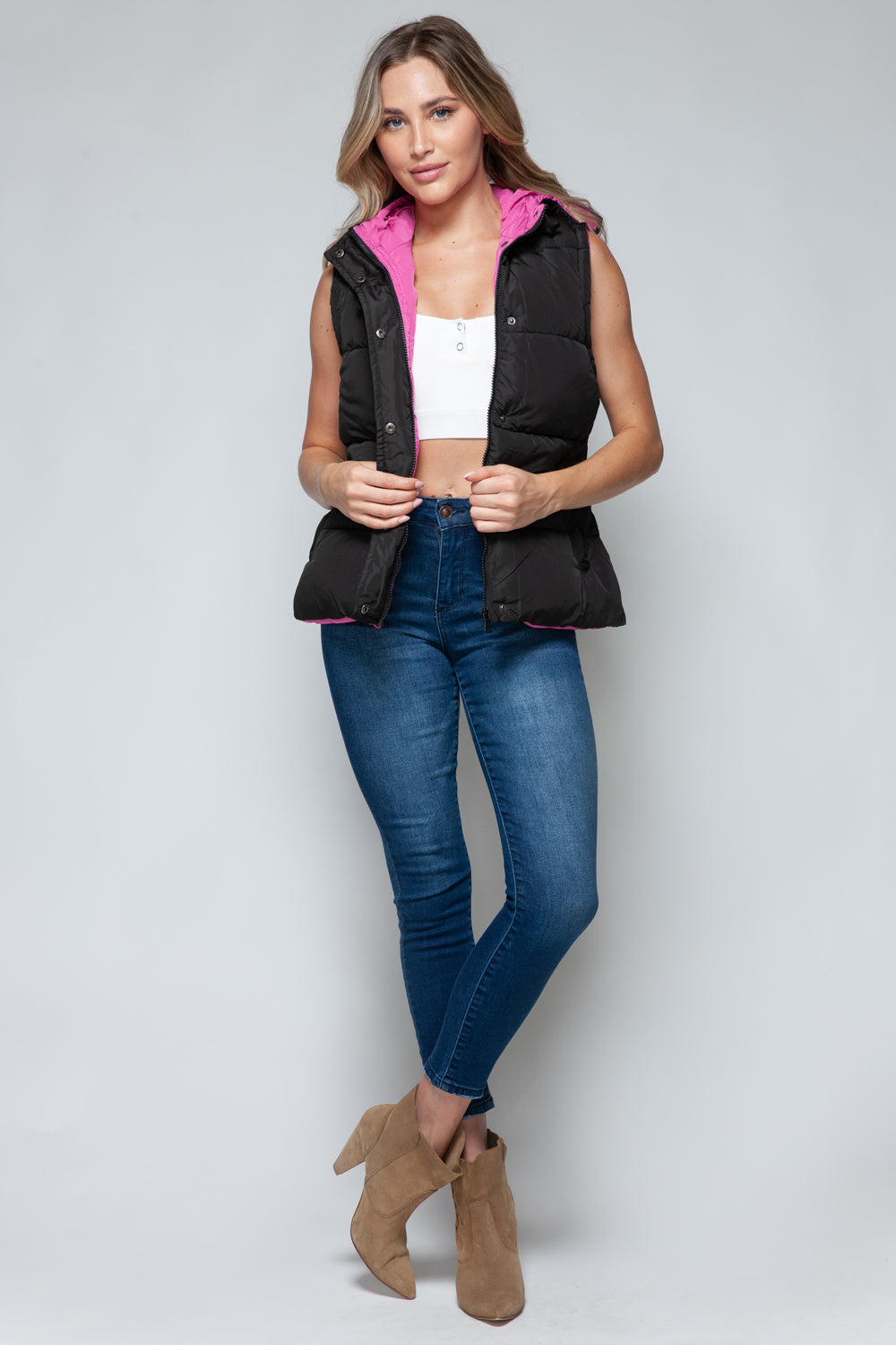 Snobbish Snap and Zip Closure Hooded Vest  Trendsi   