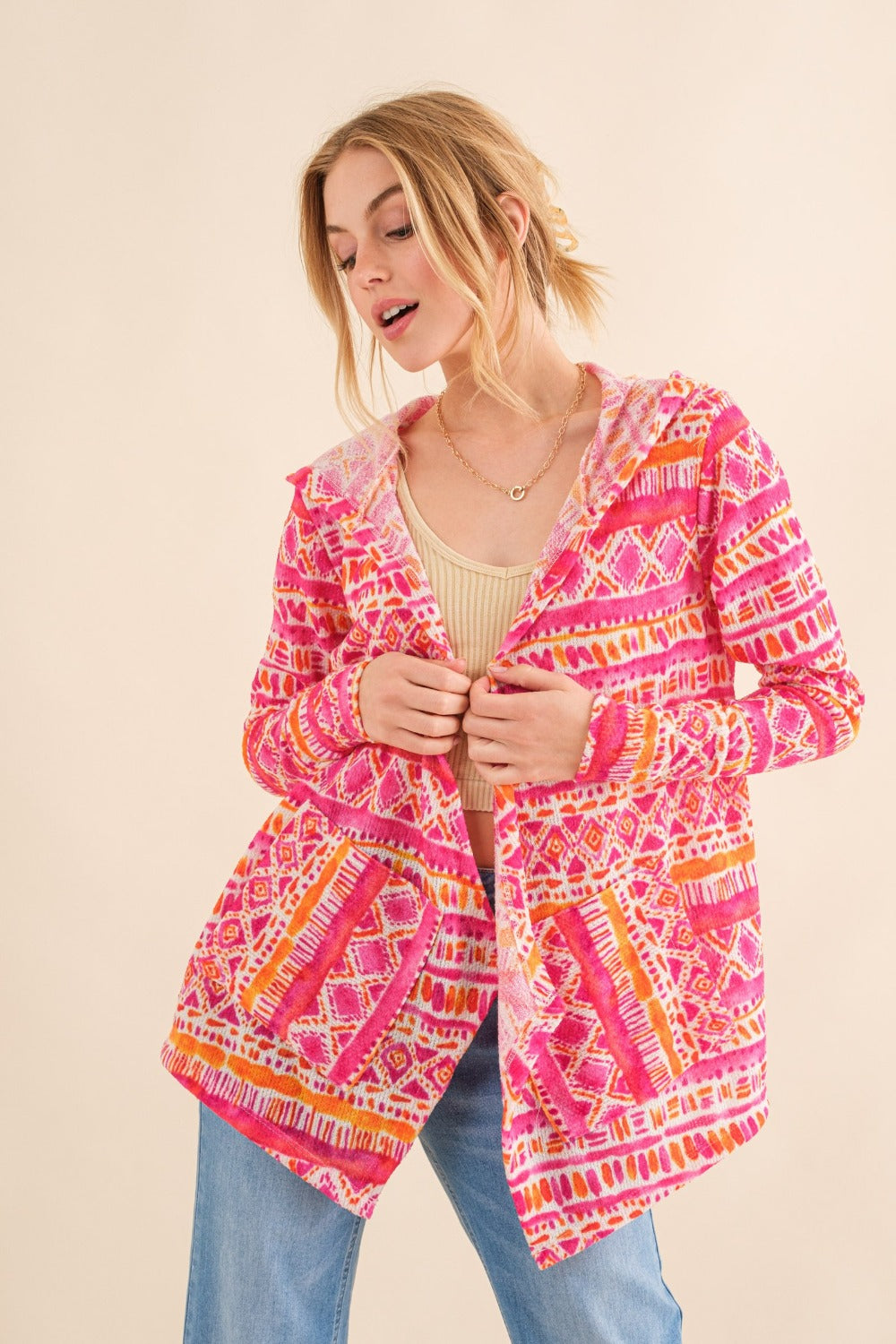 And The Why Full Size Printed Thermal Hooded Open Front Cardigan Luxe Trendsi Coral Multi S 