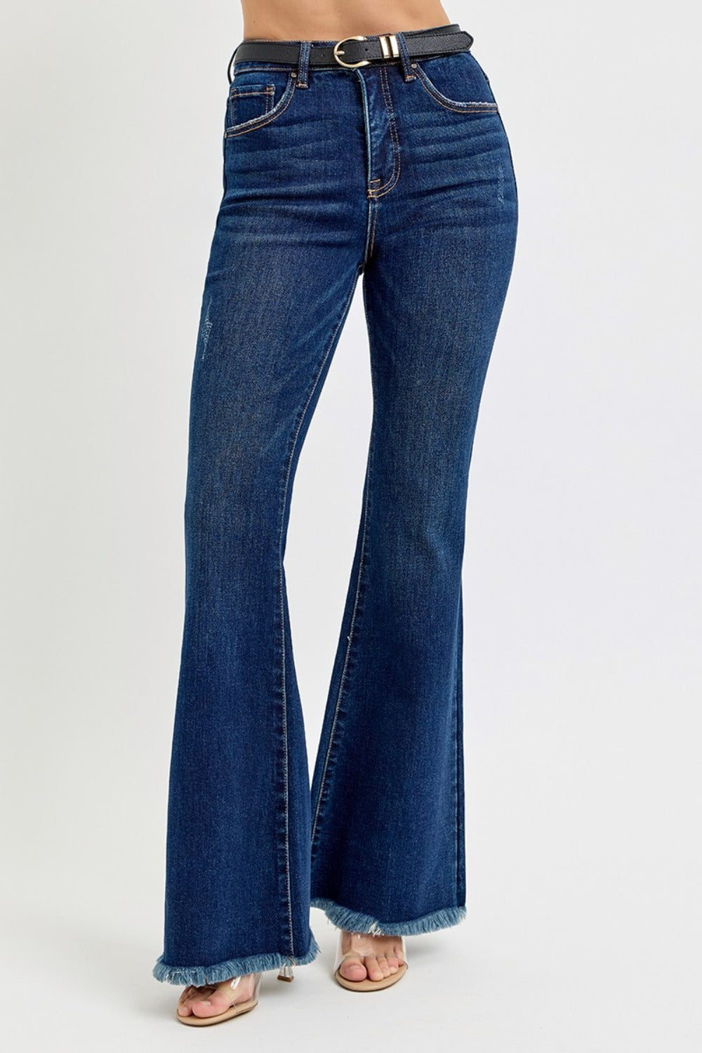 RISEN Tummy Control Frayed Hem Flare Jeans Luxe Trendsi   