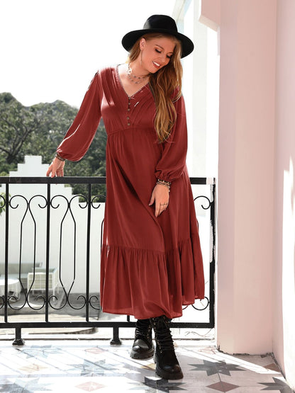 Plus Size Quarter Button V-Neck Long Sleeve Dress Dress Trendsi   