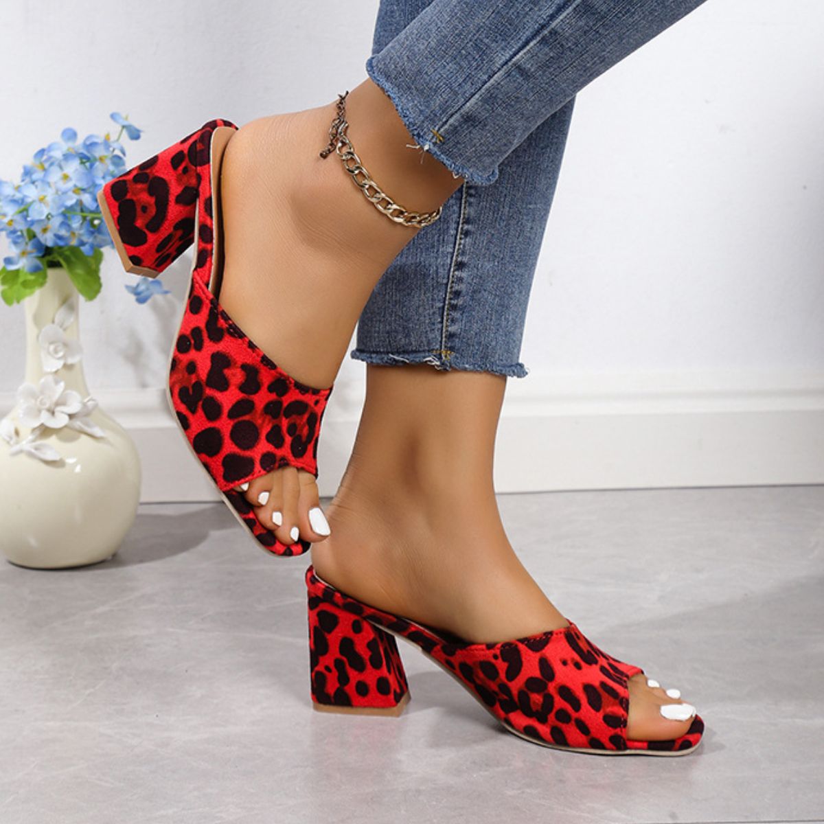 Leopard Block Heel Suede Sandals  Trendsi   