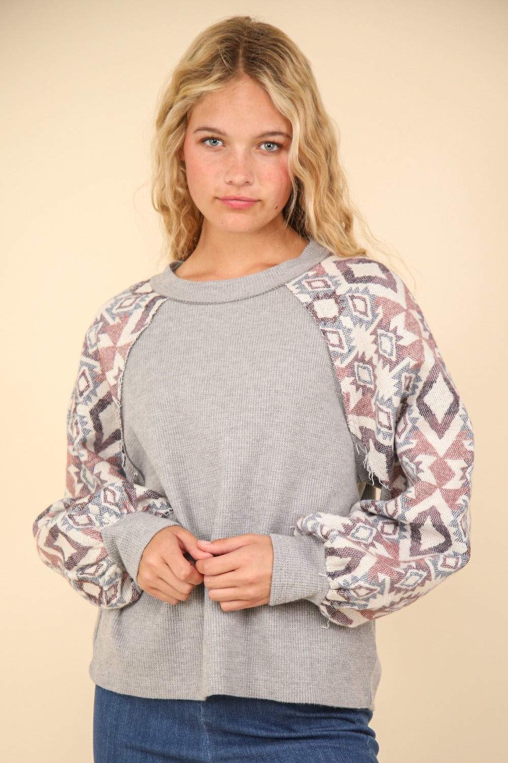 VERY J Printed Long Sleeve Round Neck Knit Top Luxe Trendsi   