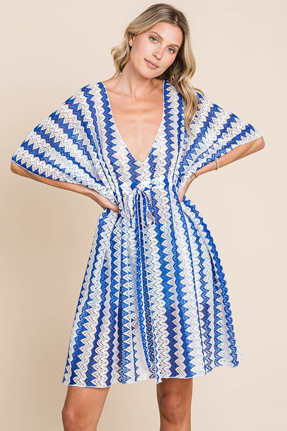 Cotton Bleu by Nu Lab Tied Striped Plunge Half Sleeve Cover-Up  Trendsi Royal Blue S 