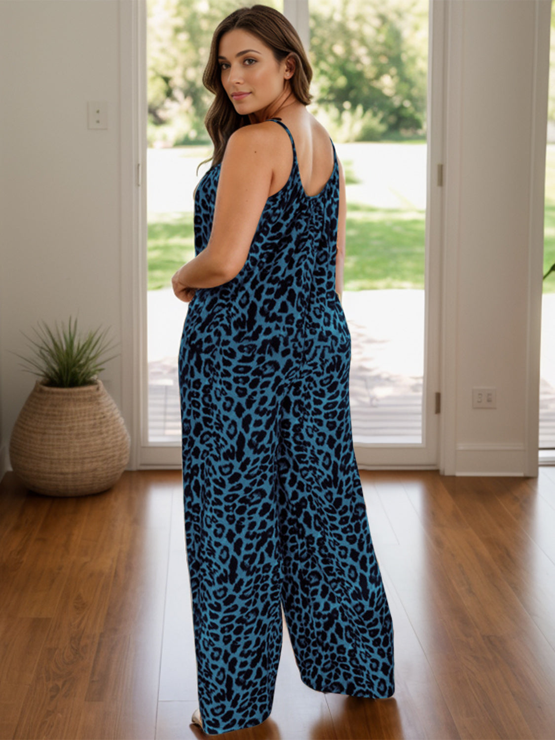 Full Size Leopard Scoop Neck Wide Leg Jumpsuit  Trendsi Deep Teal S 