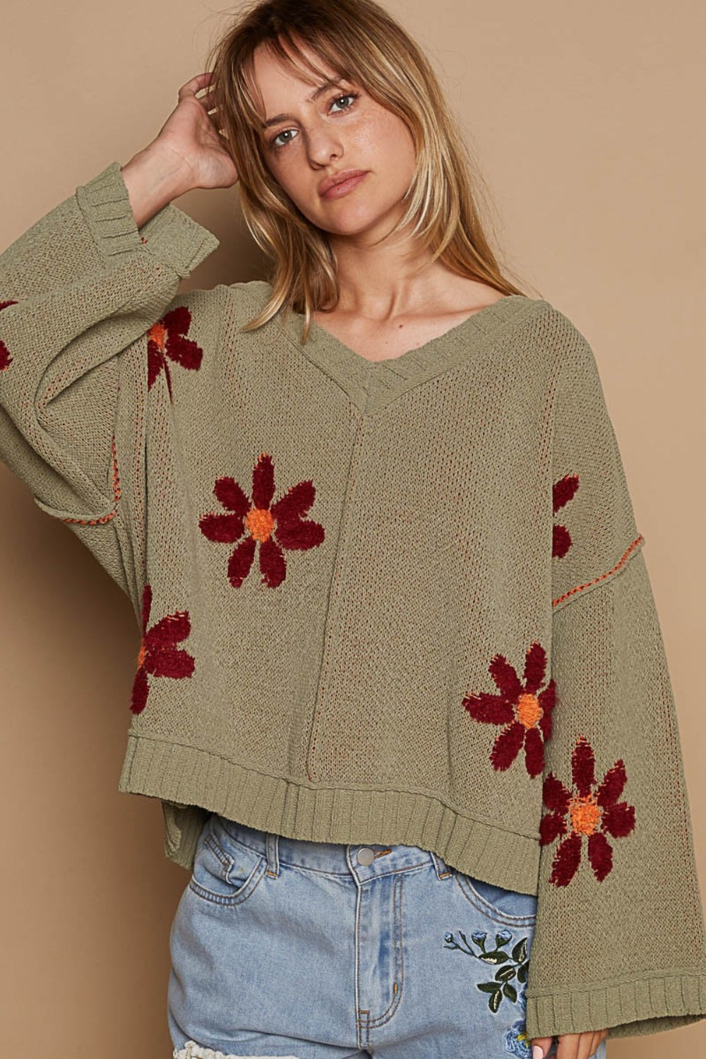 POL V-Neck Floral Pattern Chenille Sweater  Trendsi   