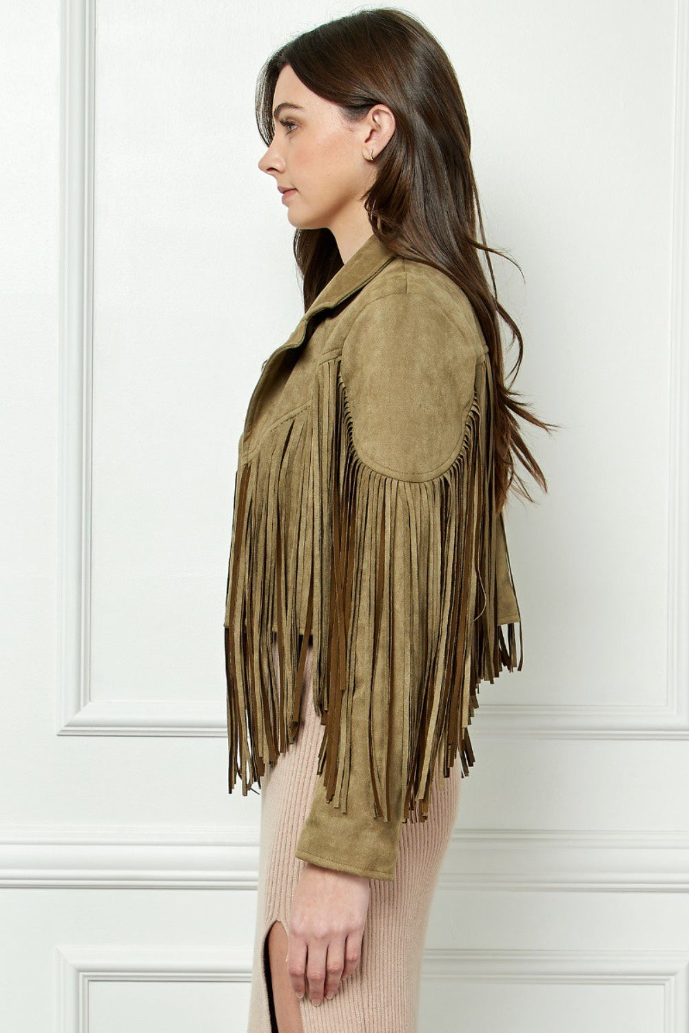 Veveret Suede Fringe Long Sleeve Moto Jacket  Trendsi   