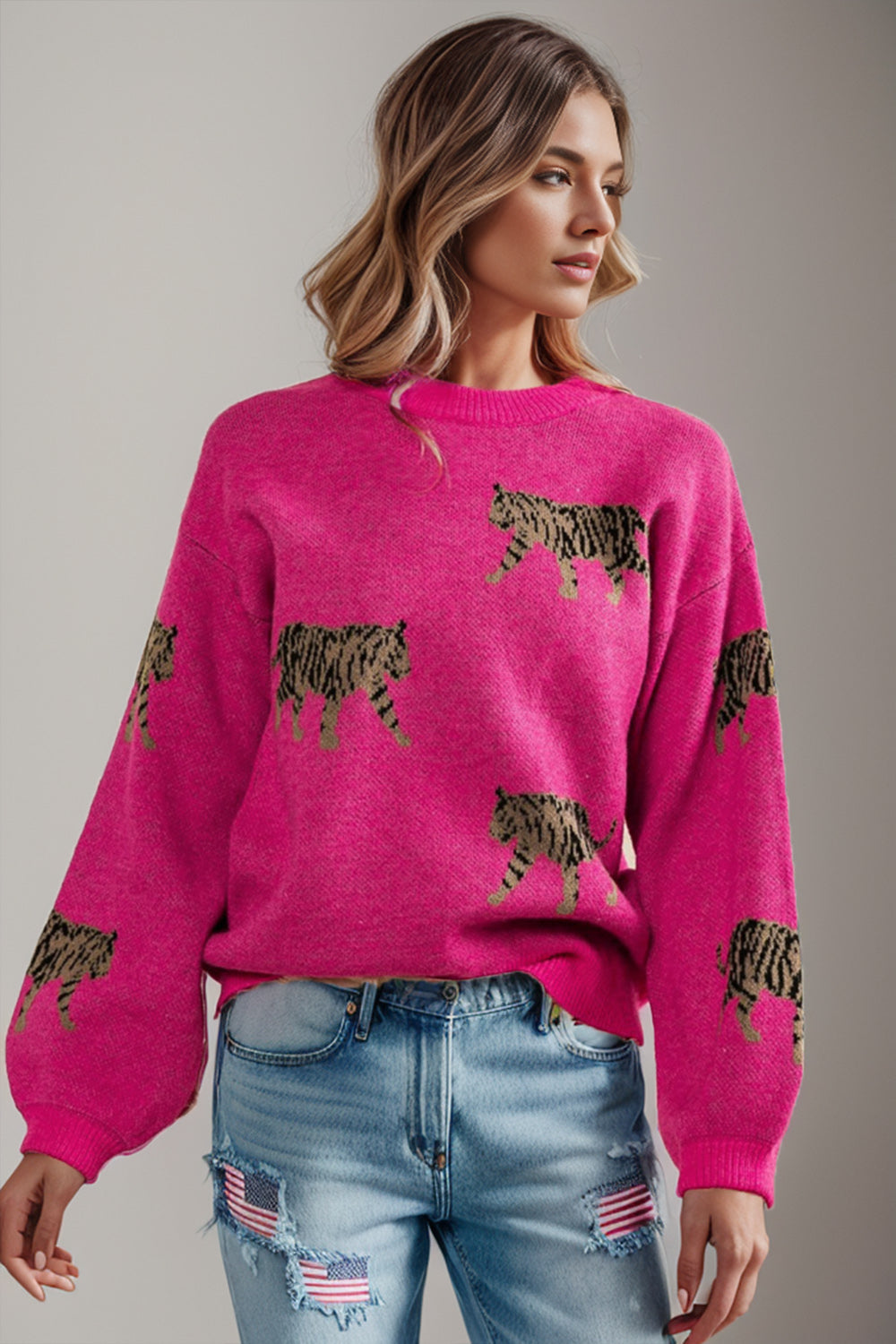 Tiger Pattern Round Neck Drop Shoulder Sweater  Trendsi   