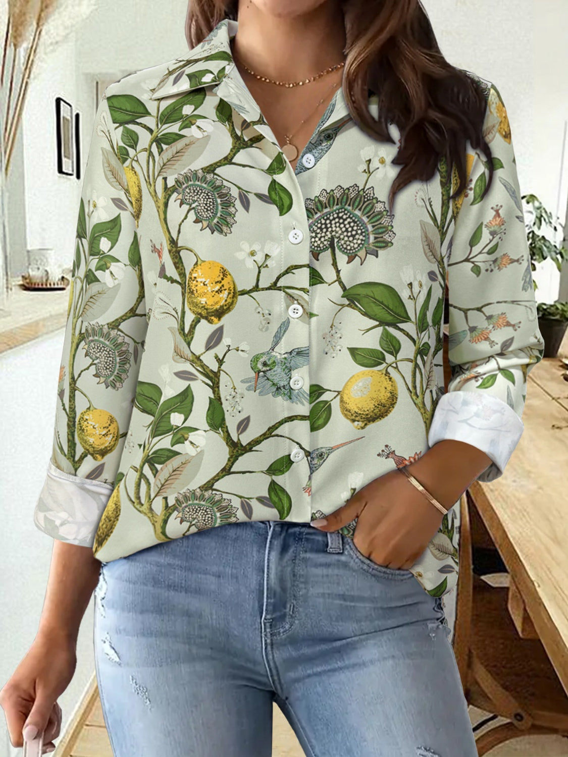 Printed Collared Neck Long Sleeve Shirt Blouse Trendsi Light Green S 