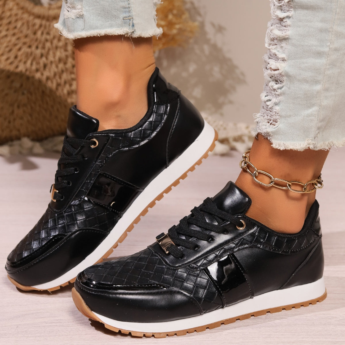 Lace-Up PU Leather Sneakers  Trendsi   