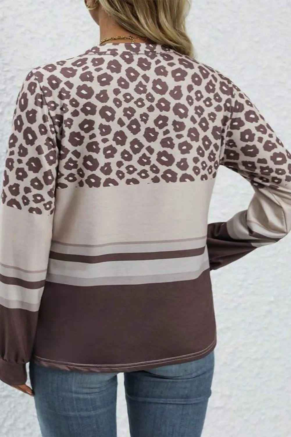 Plus Size Leopard Round Neck Long Sleeve Top  Trendsi   