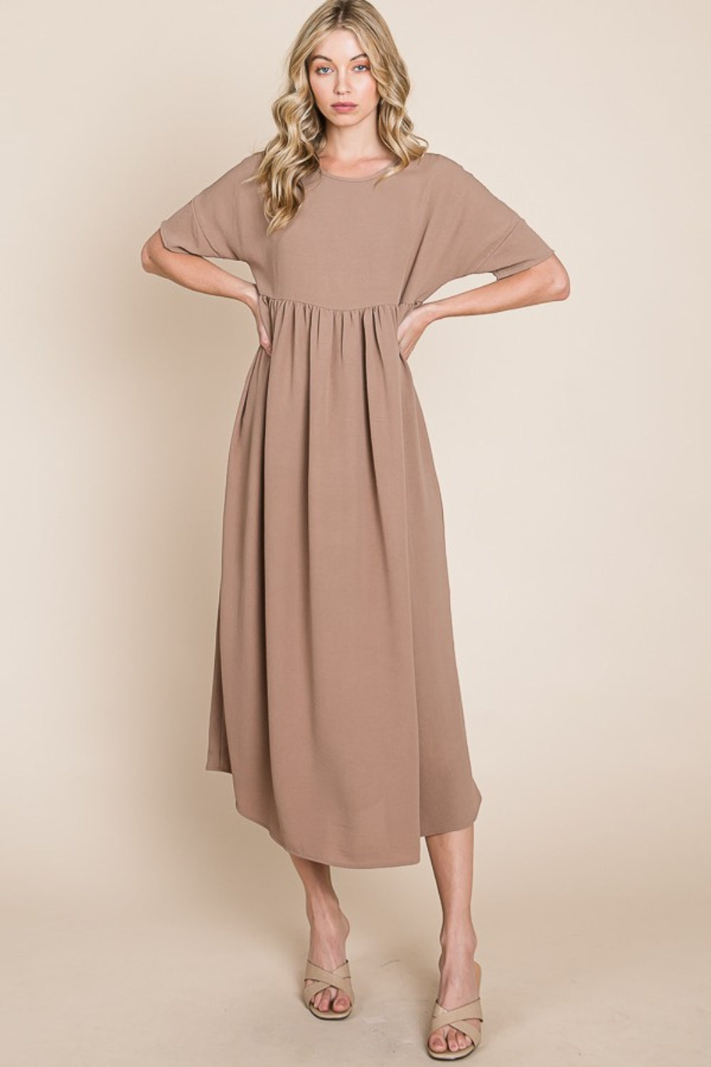 BOMBOM Round Neck Ruched Midi Dress  Trendsi Mocha S 