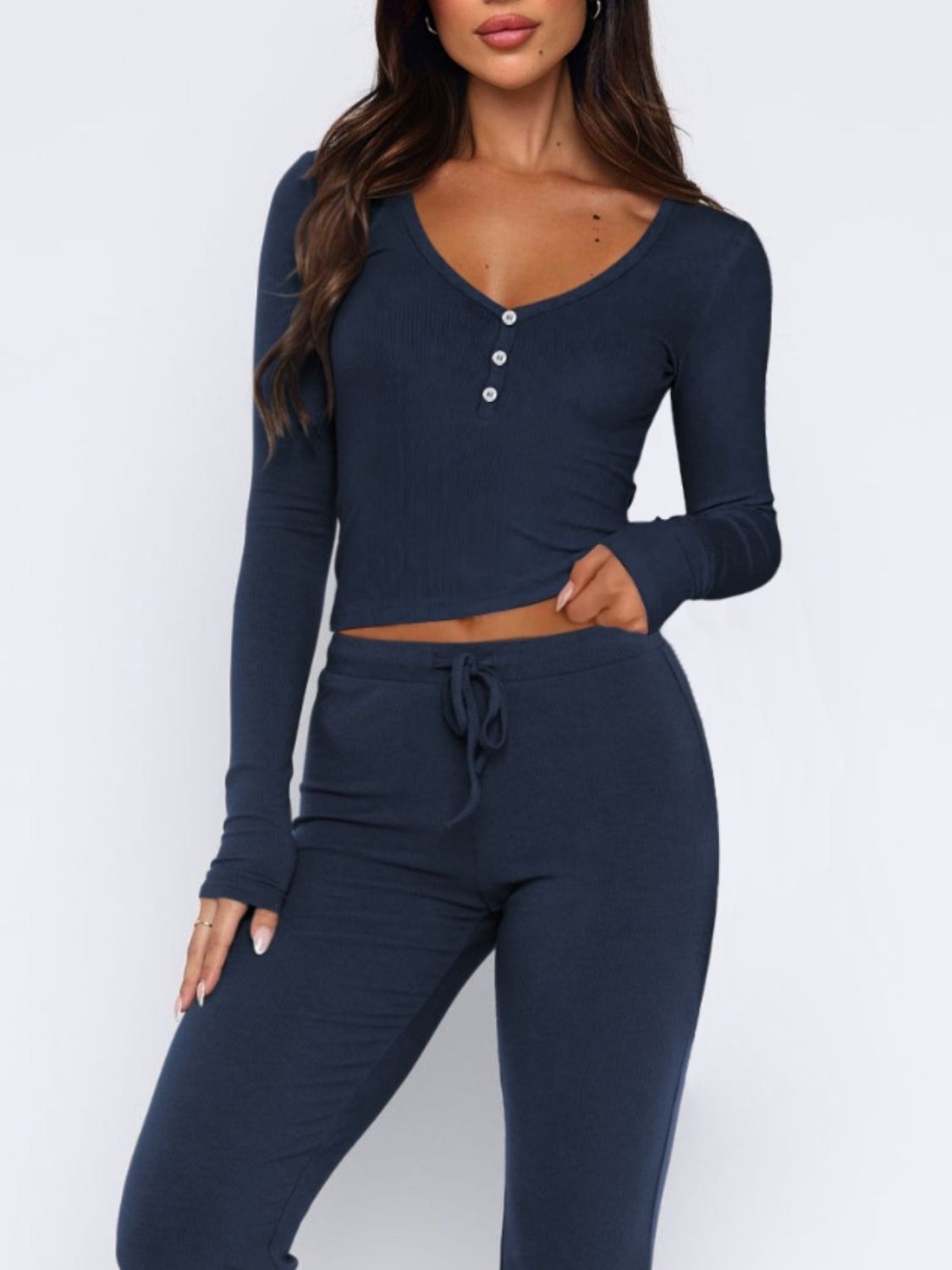 V-Neck Long Sleeve Top and Pants Set  Trendsi   