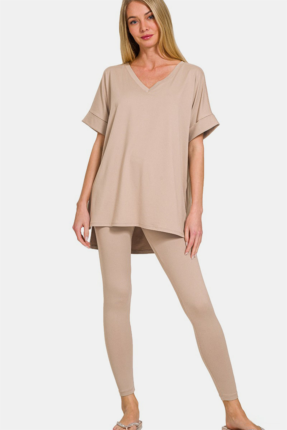 Zenana Full Size V-Neck Rolled Short Sleeve T-Shirt and Leggings Lounge Set  Trendsi Lt Mocha S 