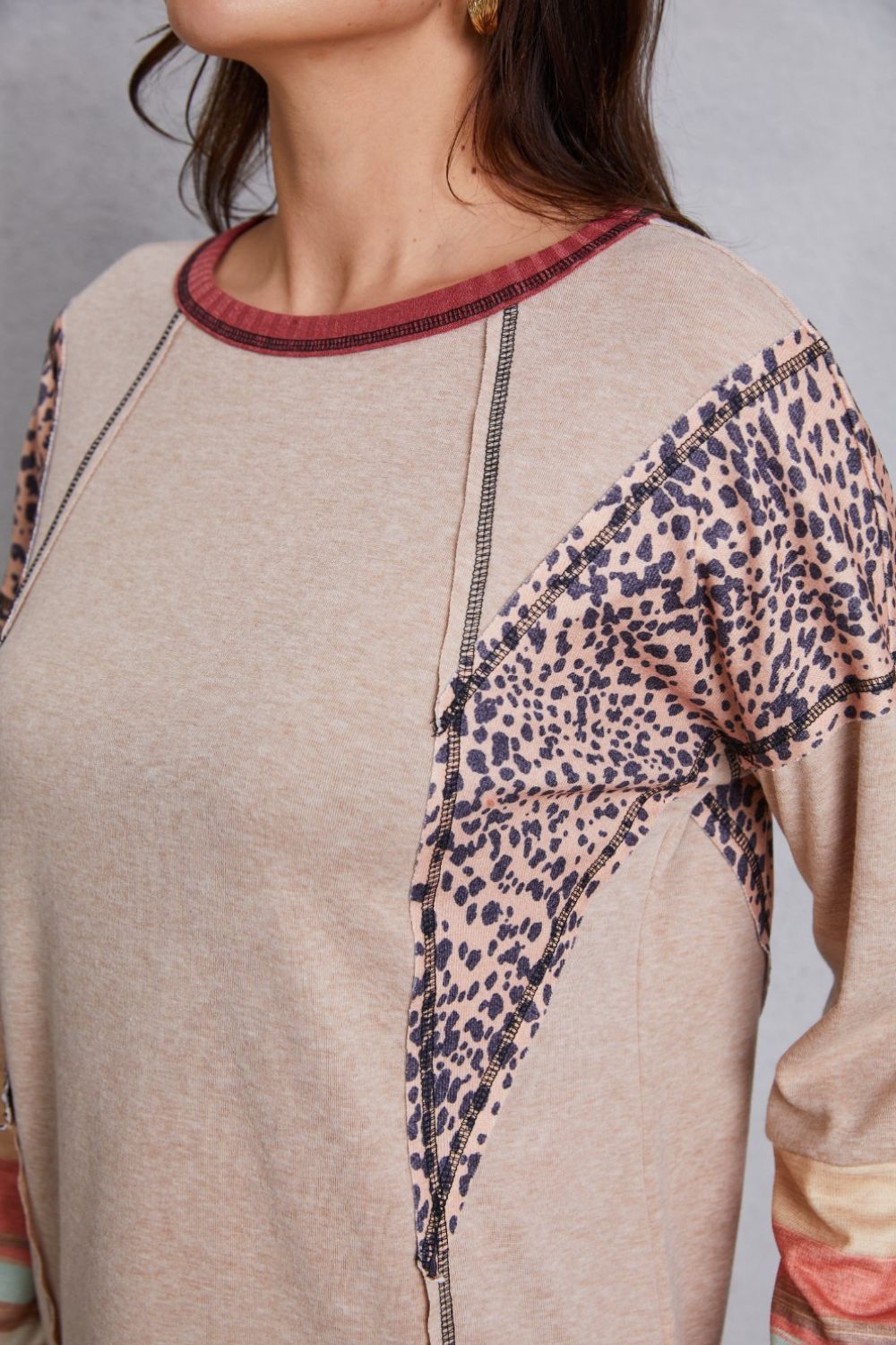 Contrast Stitching Leopard Long Sleeve Blouse Blouse Trendsi   