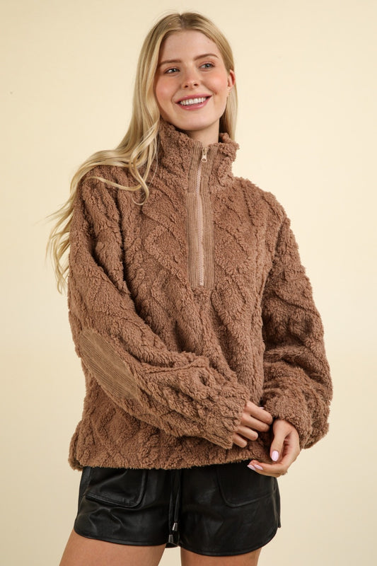 VERY J Fuzzy Fleece Half Zip Cable Pattern Sweatshirt Luxe Trendsi Mocha S 