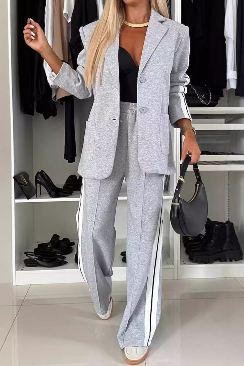 Full Size Contrast Lapel Collar Top and Pants Set  Trendsi Light Gray S 