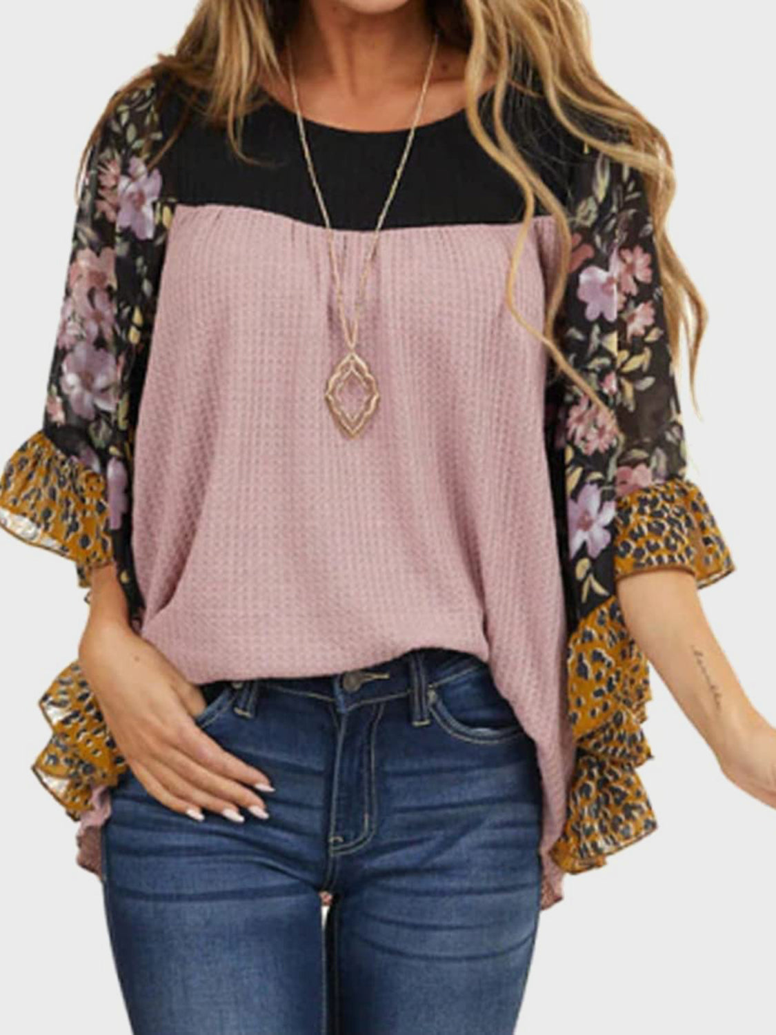 Full Size Printed Round Neck Three-Quarter Sleeve Blouse  Trendsi Moonlit Mauve S 