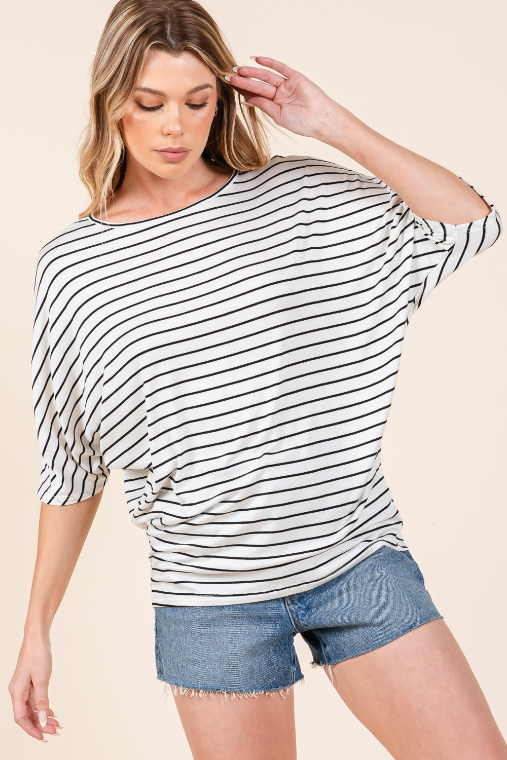 BOMBOM Striped Boat Neck Dolman Sleeve Top  Trendsi Ivory S 