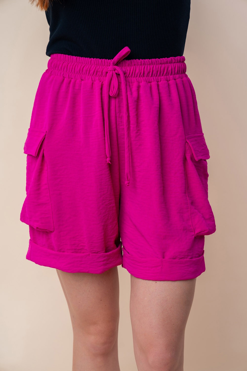 White Birch High Waisted Drawstring Knit Cargo Shorts  Trendsi Fuchsia S 