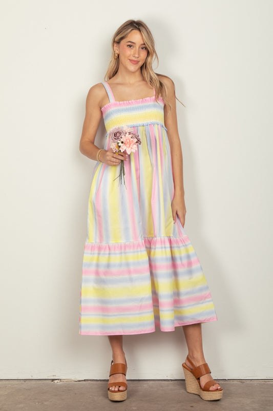 VERY J Striped Woven Smocked Midi Cami Dress  Trendsi PINKCOMBO S 