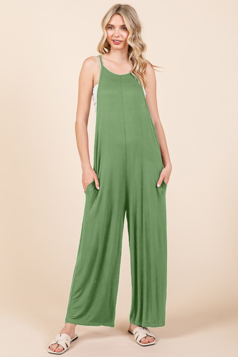 Culture Code Full Size Sleeveless Wide Leg Jumpsuit with Pockets  Trendsi Green Marble S 