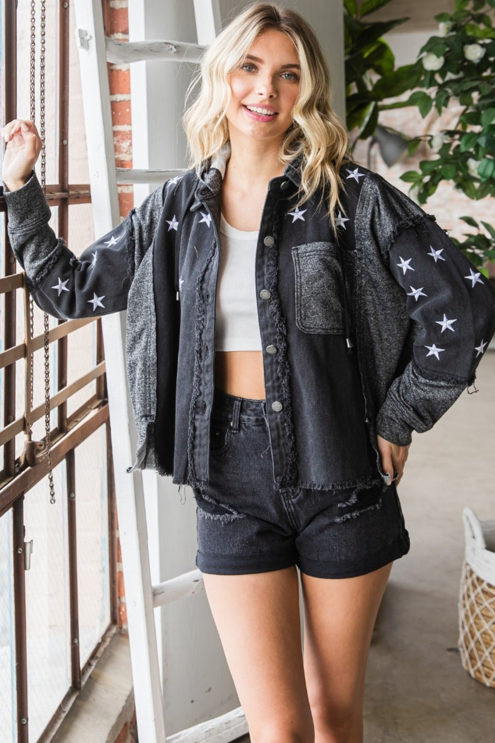 Veveret Star Embroidered Hooded Denim Jacket  Trendsi   