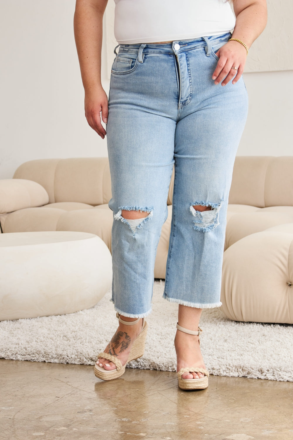 RFM Full Size Tummy Control High Waist Raw Hem Distressed Jeans  Trendsi   