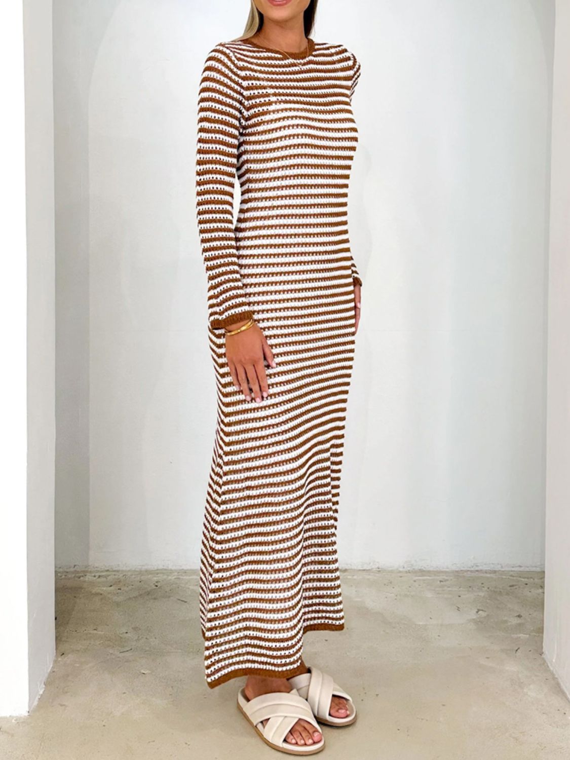 Devine Tied Round Neck Striped Sweater Dress  Trendsi   