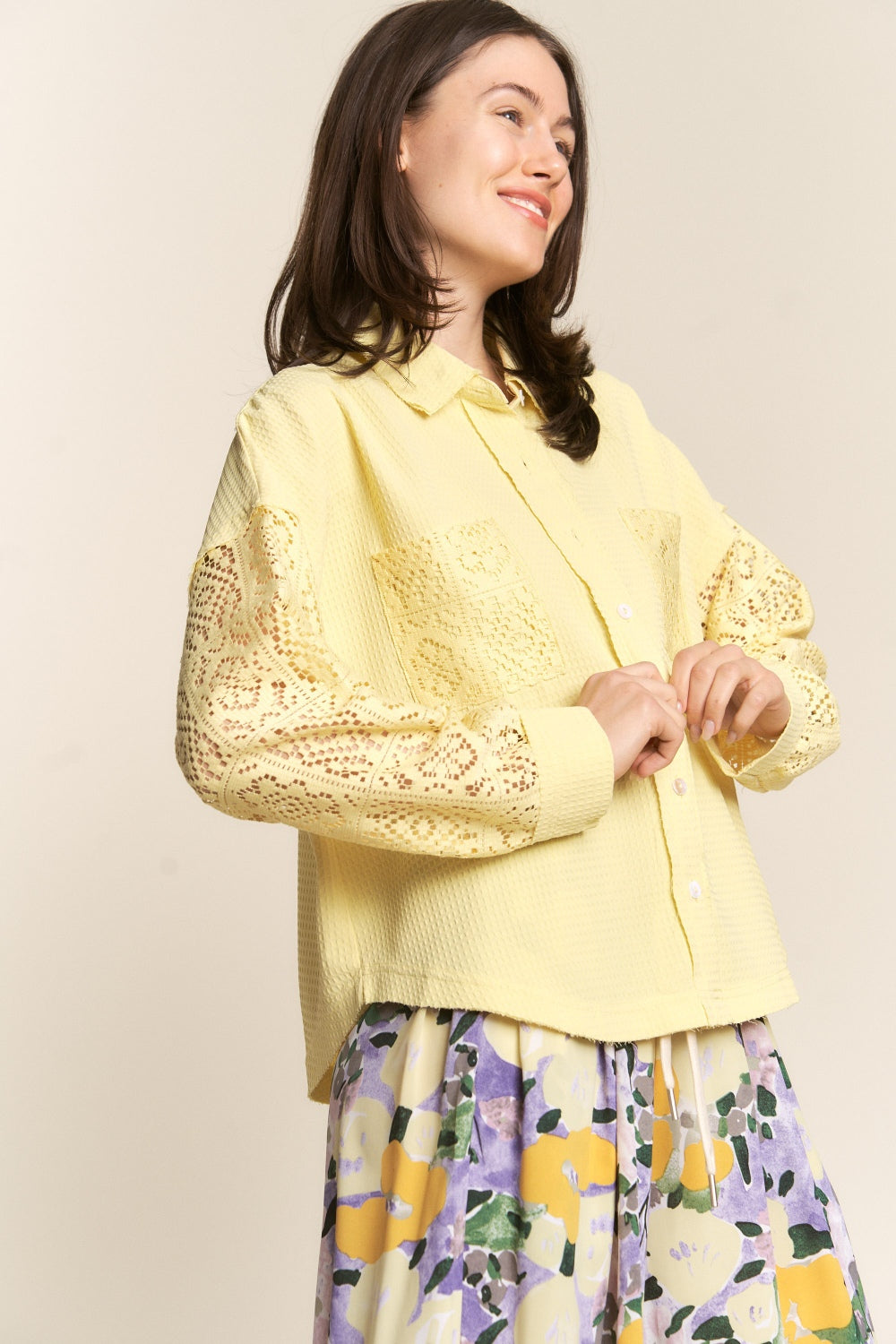 J.NNA Button Down Lace Long Sleeve Waffle Shirt  Trendsi   