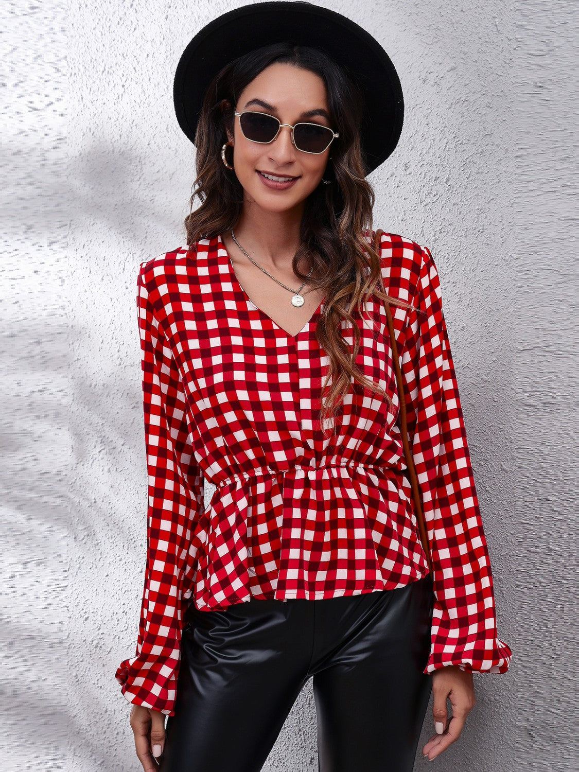 Plaid V-Neck Balloon Sleeve Peplum Blouse Blouse Trendsi Deep Red S 