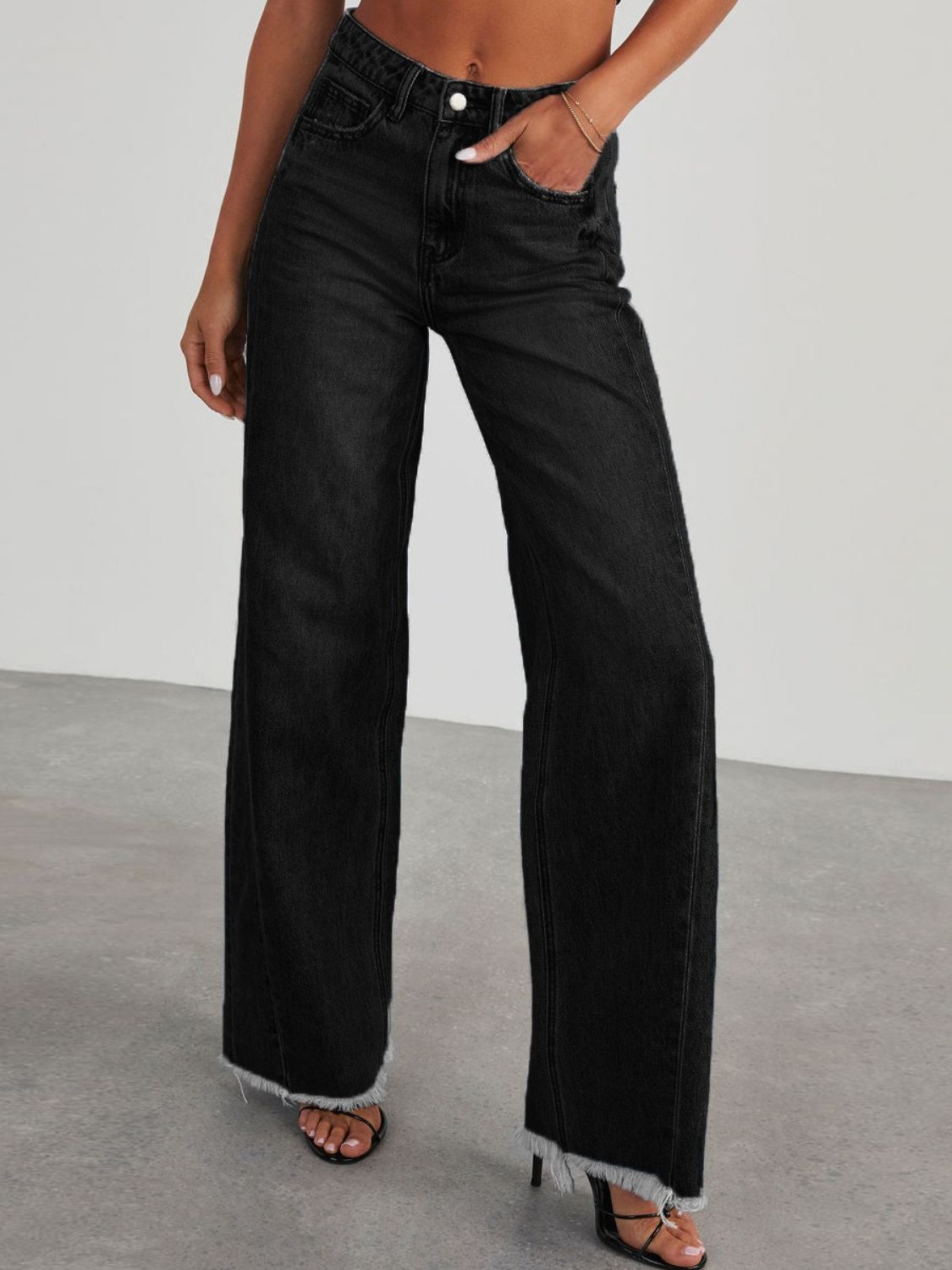 Raw Hem Wide Leg Jeans with Pockets  Trendsi Black S 