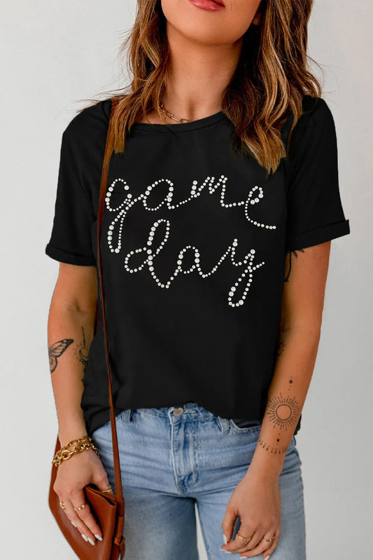 Full Size GAME DAY Round Neck Short Sleeve T-Shirt  Trendsi Black S 