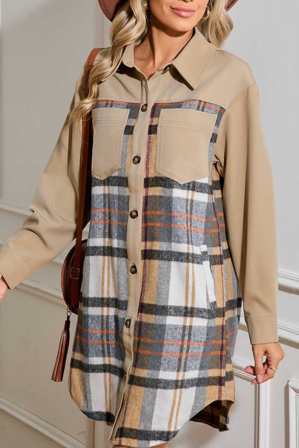 Pocketed Plaid Long Sleeve Mini Shirt Dress